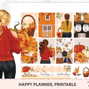 May include: Printable planner stickers with a fall theme. The stickers feature a woman in a red sweater, pumpkins, leaves, and a farmhouse. The text "Monday", "Tuesday", "Wednesday", "HAPPY PLANNER, PRINTABLE", "PDF, JPEG cut files", and "Pralala Stickers" is included.