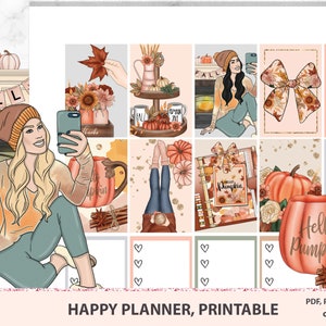 Hola calabaza Feliz planificador pegatinas kit imprimible, MAMBI kit semanal con chimenea, clima de sweter, otoño temático con archivos de corte Silhouette