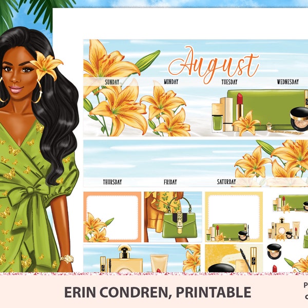 August monthly kit Erin Condren, monthly printable stickers, ECLP monthly kit, floral kit, Make up, Silhouette cut files, African American