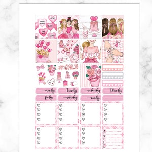 May include: Pink and white planner stickers with illustrations of hearts, flowers, and girls. The stickers include the text "#GALS", "BFF", "XOXO", and "Girls Just Wanna Have Fun".