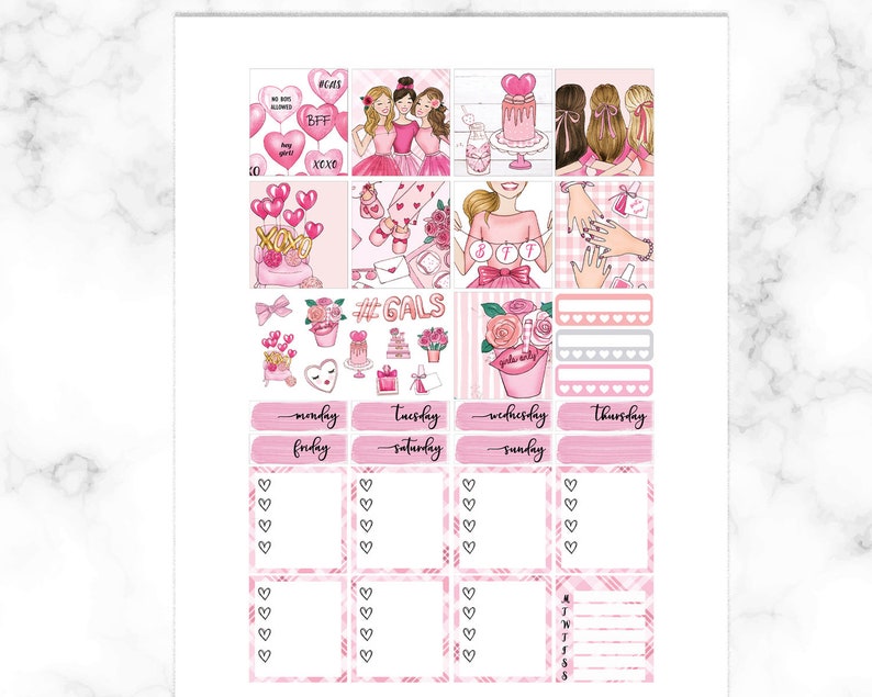 May include: Pink and white planner stickers with illustrations of hearts, flowers, and girls. The stickers include the text "#GALS", "BFF", "XOXO", and "Girls Just Wanna Have Fun".