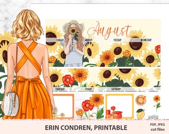 Augustus afdrukbare maandelijkse kit voor Erin Condren, maandelijkse printbare stickers, ECLP maandelijkse kit, bloemen kit, zonnebloemen, Silhouette gesneden bestanden