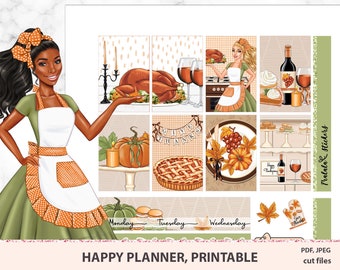 May include: Printable planner stickers featuring a Thanksgiving theme. The stickers include a woman in a green dress and white apron, a turkey, a pie, and a wine bottle. The stickers are designed for use with Happy Planners.