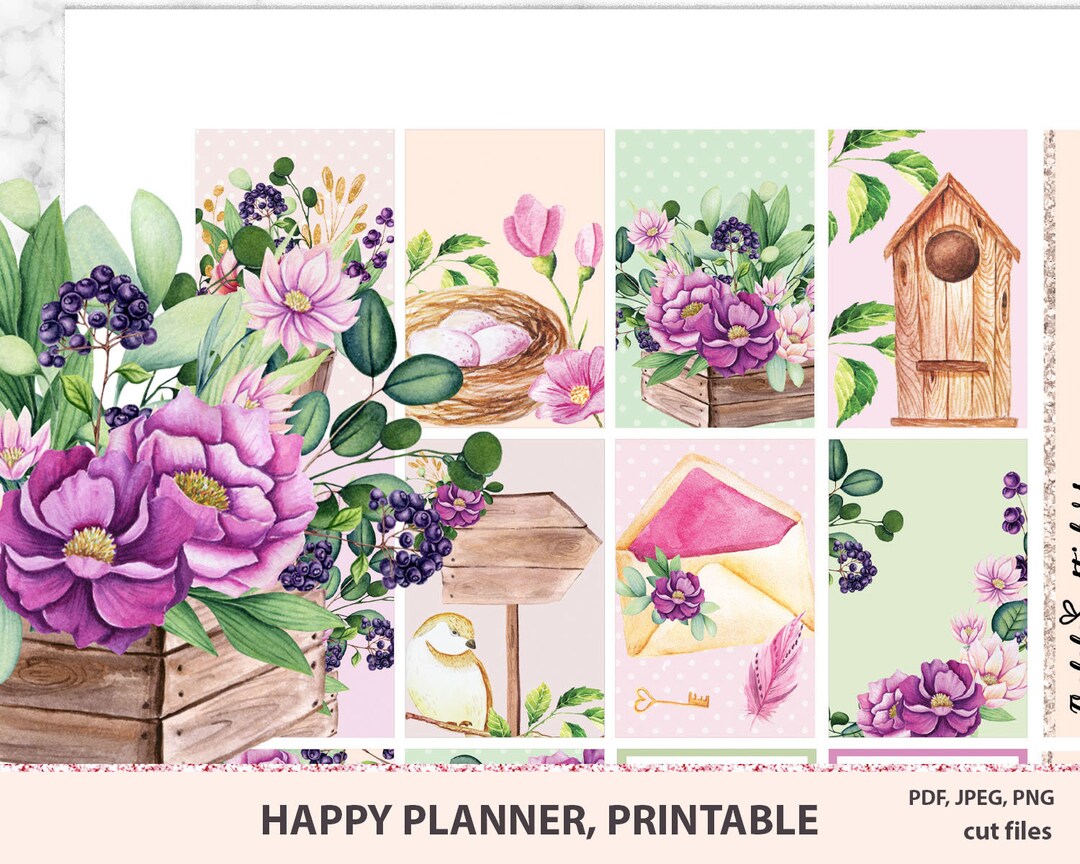 Purple Watercolor Flowers Happy Planner Stickers Printable, Spring ...