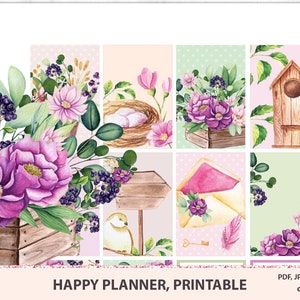 Purple watercolor flowers Happy planner stickers printable, spring weekly kit, Vertical kit, Instant download, Mambi kit, Silhouette, Cricut