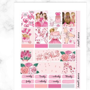 May include: Pink and white planner stickers with illustrations of girls, hearts, flowers, and the text "#GALS".