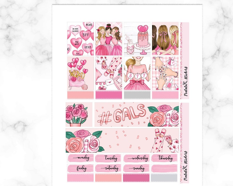May include: Pink and white planner stickers with illustrations of girls, hearts, flowers, and the text "#GALS".