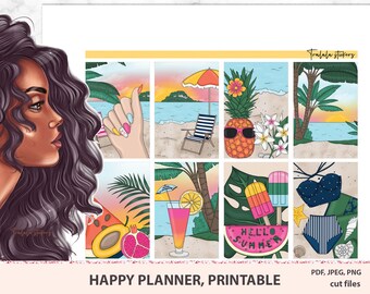 Happy Planner Stickers Printable, Tropical set, Mambi Sticker Sheet, Summer, Cute Sticker Pack, Planner Printables PDF PNG Silhouette Cricut