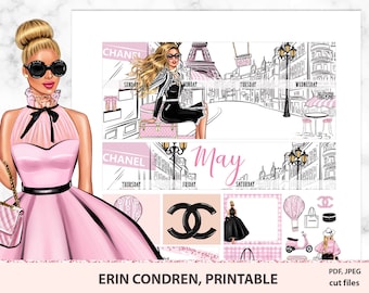 Peut inclure: Pages de planificateur imprimables avec une illustration rose et noire d'une femme en robe rose et un sac Chanel noir. Les pages du planificateur sont conçues sur le thème parisien et incluent le mot "Mai" en lettres roses.
