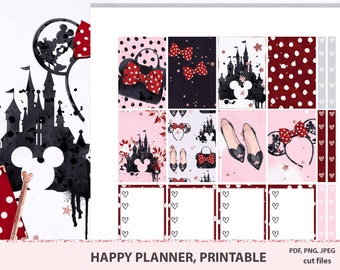 Theme park Planner Stickers For Happy Planner Classic, Vertical Layout Printable, Fairytale Magic Kingdom Weekly Bows Bow Mouse Mice Castle
