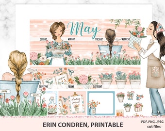MAY monthly printable planner stickers for use with Erin Condren, Floral monthly kit, Stickers with Flowers, Gardening kit, Garden, Plants