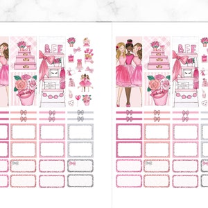 May include: Pink and white planner stickers with illustrations of three women, flowers, and gifts. The stickers include the text "BFF" and "Girls Only".