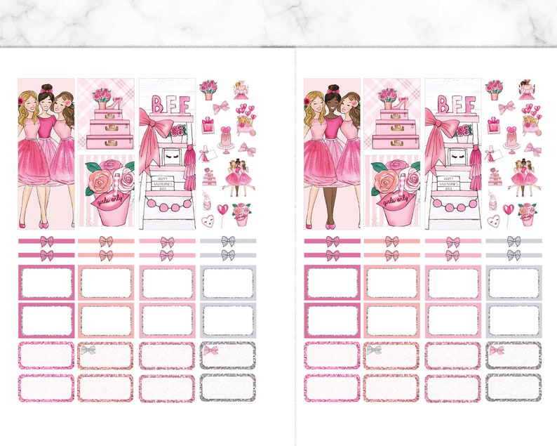 May include: Pink and white planner stickers with illustrations of three women, flowers, and gifts. The stickers include the text "BFF" and "Girls Only".