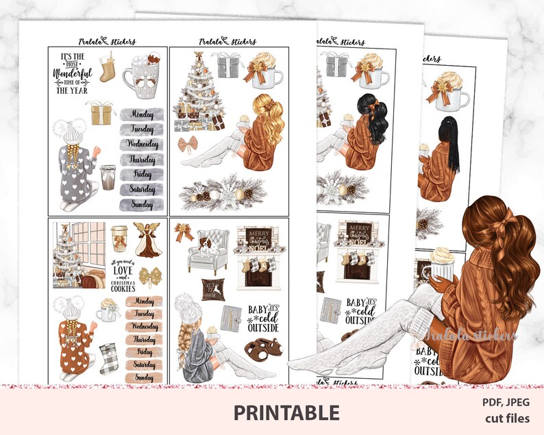 May include: Printable Christmas-themed stickers featuring illustrations of cozy scenes, including a Christmas tree, fireplace, and figures in sweaters. Includes text elements like "It's the most wonderful time of the year" and days of the week.