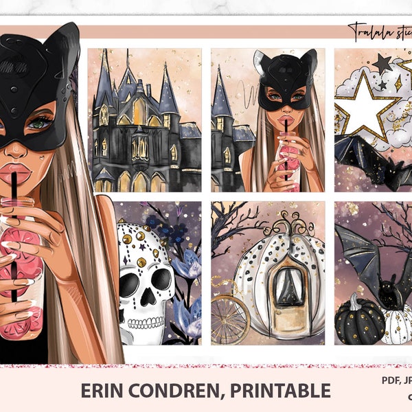 Erin Condren Halloween autocollants de planificateur imprimables pour planificateur vertical, kit d’autocollants d’automne ECLP, pack déco de journal avec chauve-souris fantôme vampire sorcière