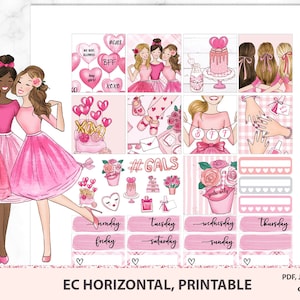 May include: Pink and white printable planner stickers with illustrations of girls, hearts, and the text "#GALS" and "BFF".