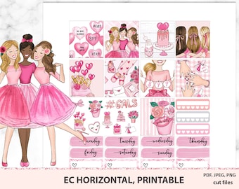May include: Pink and white printable planner stickers with illustrations of girls, hearts, and the text "#GALS" and "BFF".