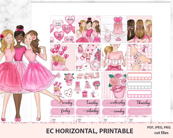 BFF Printable Horizontal Stickers, Valentines day Erin Condren Horizontal Stickers Printable, ECLP Weekly Planner Set, Aniversary stickers