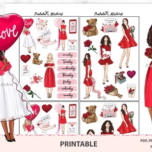 Adesivi lanner stampabili per San Valentino, adesivi decorativi per il download digitale, kit di adesivi settimanali, ragazze dalla pelle scura bionda bruna carina PNG