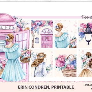 Erin Condren Planner Stickers Printable, Planner Stickers, Watercolor flowers, Digital Download, Planner printables Cricut Silhouette