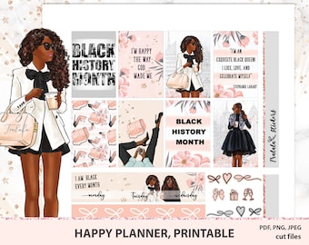 BLACK HISTORY month Printable Weekly Planner Kit, Black girl magic Planner Stickers, HP Happy Planner Vertical Weekly Kit, Afro woman kit