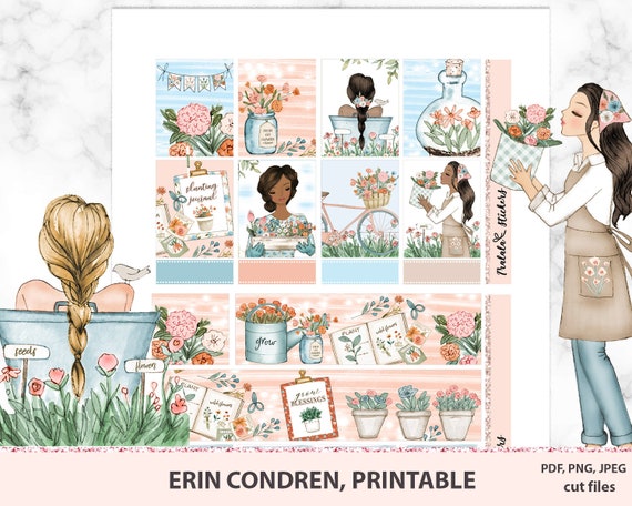 Gardening plants printable planner stickers, Erin Condren weekly kit, Garden, Bullet Journal set, scrapbooking deco kit, DIY Stickers