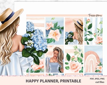 Op de afbeelding: Printbare planner stickers met een aquarelontwerp met een vrouw in een strohoed, bloemen en een regenboog. De stickers zijn gelabeld met "Happy Planner, Printable" en "PDF, JPEG, PNG cut files".