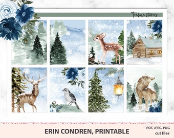 Watercolor printable weekly kit Erin Cоndren, Blue Green Winter magic, planner printables, ECLP scrapbook pack, Silhouette Cricut cut lines