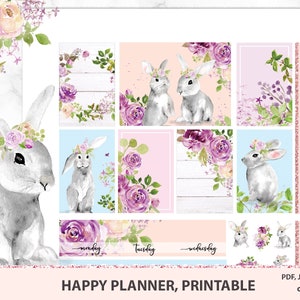 Spring Happy Planner Printable Stickers, Floral Sticker Kit, Easter Bunny Printable Kit, Violet Flowers, blush printable planner stickers