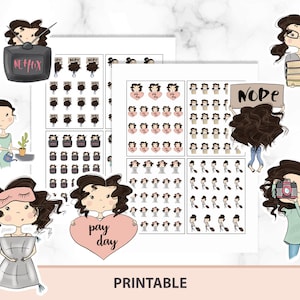 Pegatinas decorativas imprimibles, Netflix, día perezoso, día de pago, pegatinas de café, pegatinas Kawaii, chica morena para Erin Condren, planificador feliz