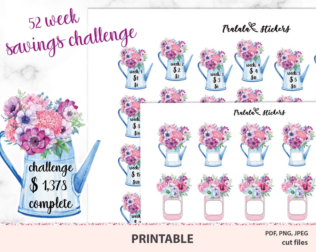 Savings Challenge Planner Stickers, Money Finance Debt, Floral Kit ...