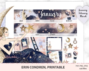 March 2021 Monthly Kit Erin Condren Printable, ECLP monthly view stickers with cute girls, monthly printable kit with cut files March