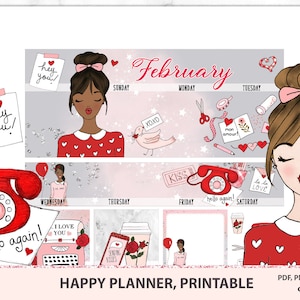 Kit imprimible de planificador mensual de febrero, pegatinas para planificador del día de San Valentín, pegatinas imprimibles de planificador mensual Love View, archivos recortables