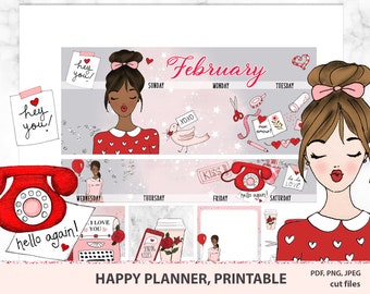 PRINTABLE FEBRUARY MONTHLY kit Happy planner, Valentines Day Planner Stickers, Love Monthly View Printable Planner Stickers, Cut Files