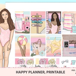 Beach day printable stickers, Travel Stickers, Weekly Planner Kit, Happy planner printable kit, Pastel set, Vacation, Ocean, Silhouette