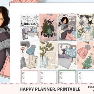 Autocollants de planificateur de filles d’hiver imprimables pour le classique de planificateur heureux, kit hebdomadaire vertical avec des boîtes pleine/demi-taille, silhouette instantanée de téléchargement