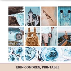 May include: A collage of images featuring a blue car, a sandcastle with the words "Stop Waiting", a lighthouse, a couple holding hands, a blue door with a padlock, a seashell on the beach, a blue and white building, and blue roses.