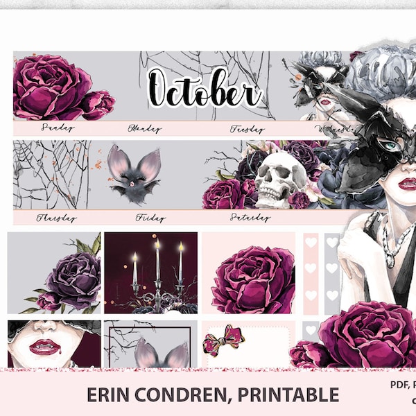 Autocollants mensuels d’octobre imprimables pour 2021, kit autocollant thématique HALLOWEEN ECLP pour Erin Condren - Jpeg, PDF, PNG, blackout, fichiers Silhouette