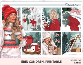 May include: A set of eight winter-themed planner stickers featuring a woman in a red hat and sweater, a cozy cabin, a snowman, and a mug of hot chocolate. The stickers are perfect for adding a festive touch to your planner or journal.