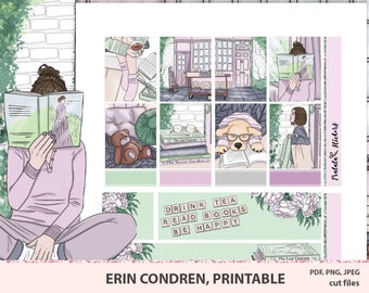 May include: A set of printable planner stickers featuring illustrations of people reading books, a dog reading a book, and a quote that says "Drink tea, read books, be happy". The stickers are in a pastel color scheme with pink, green, and white.