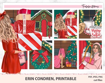May include: A set of printable Christmas stickers featuring a woman holding a stack of red and white striped gift boxes, a Christmas tree, a mug with the text "Merry & Bright", and a woman holding a stack of wrapped gifts. The stickers are designed for use in Erin Condren planners.