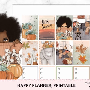 Chica afroamericana Feliz planificador pegatinas imprimibles, sweter clima acogedor decoración del hogar con calabazas y hojas de otoño, archivos cortados de silueta