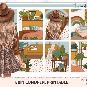Op de afbeelding: Printbare stickerblad met een vrouw in een bruine hoed en een luipaardprintrok, omringd door planten en een bank. Het blad bevat ook een plant op een plank, een regenboog en een hand die een potplant vasthoudt. De tekst "Tralala Stickers" staat rechtsboven.