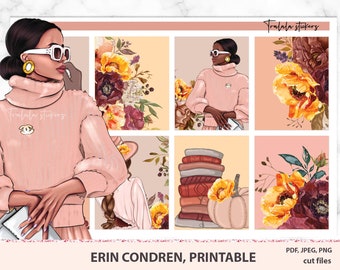 Printable Planner Stickers, Fall weekly kit, Erin Condren set, Watercolor Autumn, pumpkins fall leaves flowers PNG files, Cricut, Silhouette