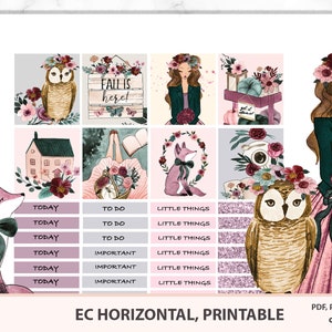 May include: A set of printable planner stickers featuring a fall theme. The stickers include a fox, owls, a house, a girl with a flower crown, and a quote that says "Fall is here!" The stickers are in shades of pink, brown, and green.