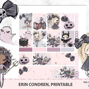May include: Printable Halloween planner stickers featuring cute witches, ghosts, pumpkins, and potion bottles. The stickers are in pink, black, and white with glitter accents. "Erin Condren, Printable cut files" is written at the bottom of the image.