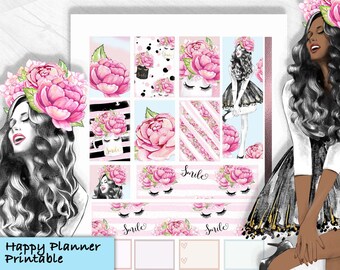 Happiness Printable Planner Stickers, Summer kit with floral theme, MAMBI Happy Planner layout, dark color skin girl with peony DIY cut