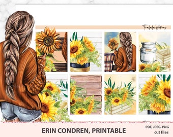 Sunflower planner stickers printable, Erin Condren kit, weekly sticker set, flowers, yellow floral kit Digital Download PNG Cricut