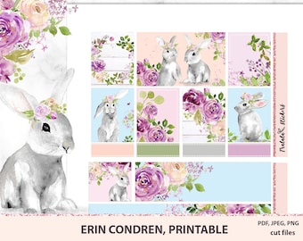 Spring Printable Planner stickers, Erin Condren printable kit, Floral stickers, purple full boxes with decoration flowers, bunny, bunnies