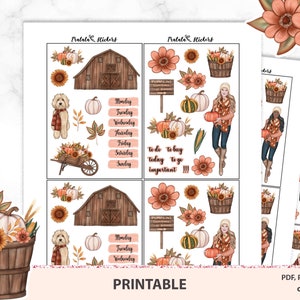 Kit de pegatinas de otoño con chica rubia, pelo rojo moreno y chica de piel oscura, kit imprimible diario de balas con tema de otoño, paquete de pegatinas deco